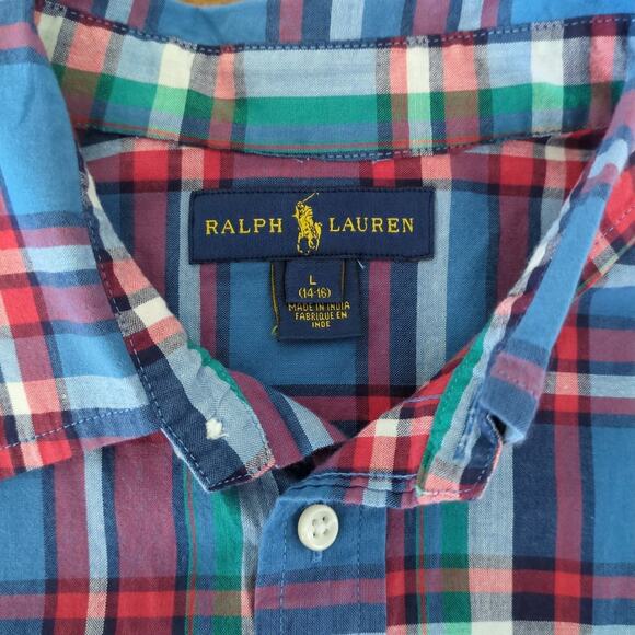 Ralph Lauren Short sleeve plaid button-down shirt blue/red Boys size Large - Picture 3 of 6